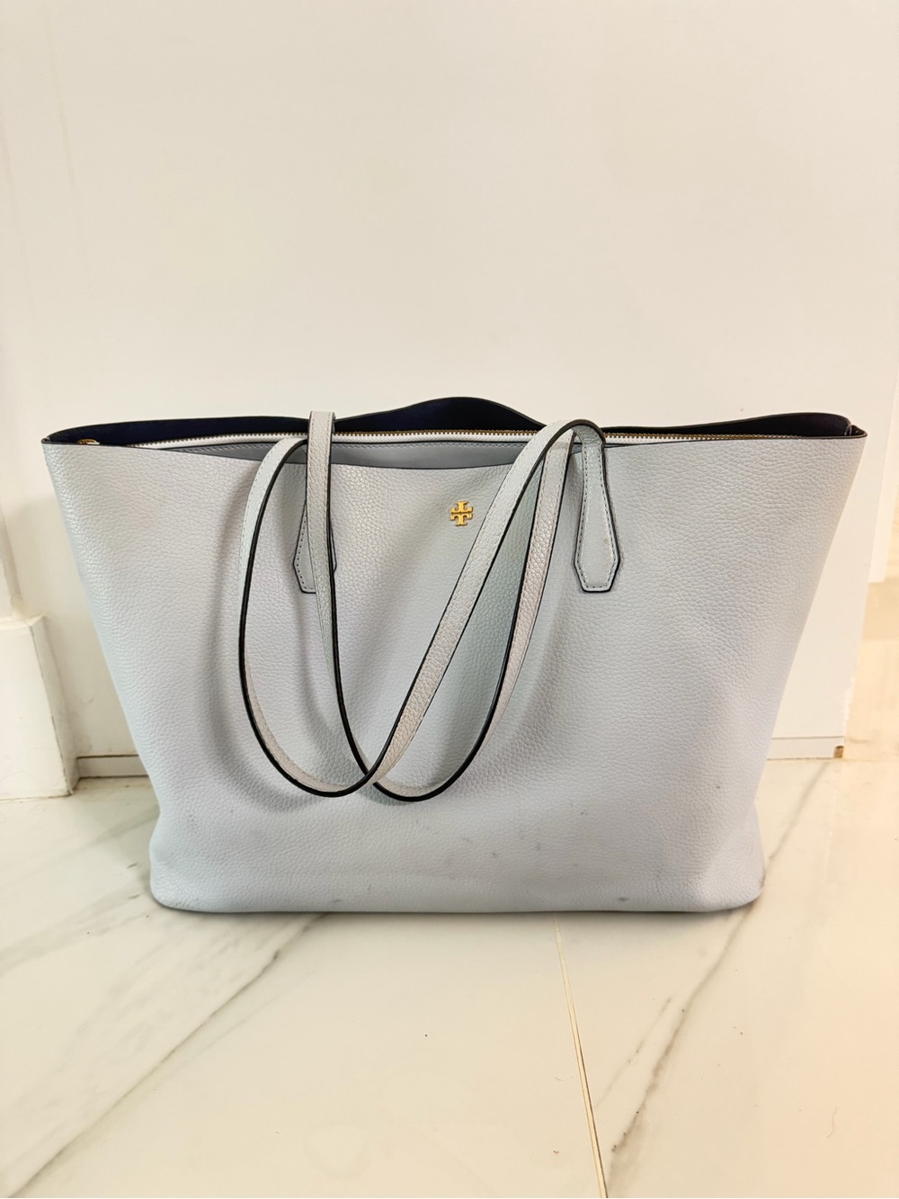 Tory Burch Pale Gray Pebbled Leather Tote with Gold Logo